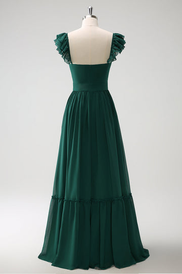Dark Green A Line V Neck Chiffon Long Bridesmaid Dress